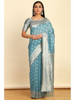 Soch - Womens Powder Blue Tussar Woven Saree With Tassels with Unstitched Blouse