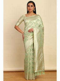 Soch - Womens Light Green Tussar Woven Saree With Tassels with Unstitched Blouse