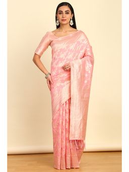 Soch - Womens Blush Pink Tussar Woven Saree With Tassels with Unstitched Blouse