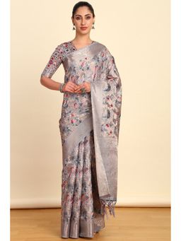 Soch - Womens Grey Chanderi Floral Print Saree with Unstitched Blouse