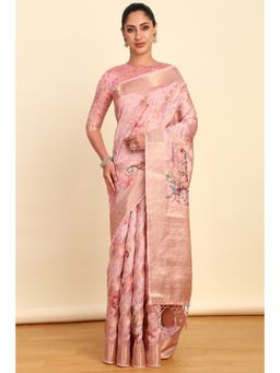 Soch - Womens Pink Chanderi Floral Print Saree with Unstitched Blouse
