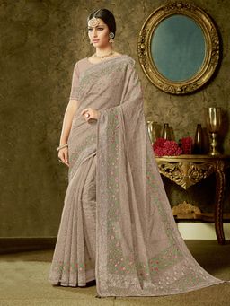 Odette - Beige Organza Designer Saree with Unstitched Blouse