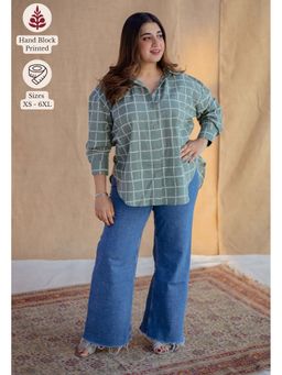 The Indian Ethnic Co. - Green Dabu Hand Block Printed Slub Cotton Loose Shirt