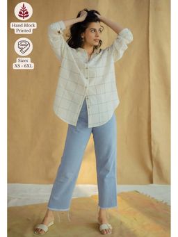 The Indian Ethnic Co. - White Loose Hand Block Printed Cotton Shirt