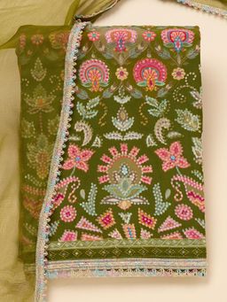 Koskii - Green Embroidered Unstitched Kurta with Bottom and Dupatta (Set of 3)
