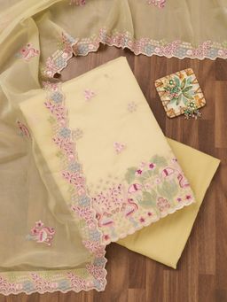 Koskii - Yellow Embroidered Unstitched Kurta with Bottom and Dupatta (Set of 3)