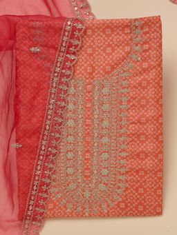 Koskii - Orange Embroidered Bandhani Unstitched Kurta with Bottom and Dupatta (Set of 3)