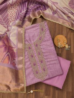 Koskii - Purple Embroidered Unstitched Kurta with Bottom and Dupatta (Set of 3)