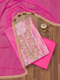 Koskii - Pink Printed Sequined Unstitched Kurta with Bottom and Dupatta (Set of 3)