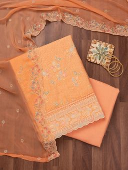 Koskii - Orange Floral Embroidered Unstitched Kurta with Bottom and Dupatta (Set of 3)