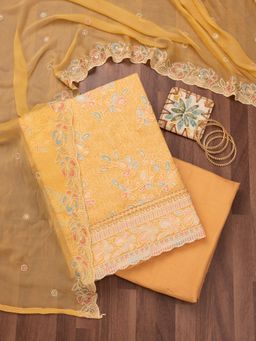 Koskii - Yellow Floral Embroidered Unstitched Kurta with Bottom and Dupatta (Set of 3)