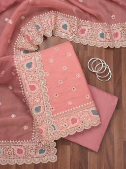 Koskii - Pink Embroidered Unstitched Kurta with Bottom and Dupatta (Set of 3)