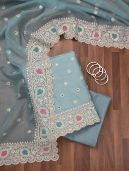 Koskii - Sky Blue Embroidered Unstitched Kurta with Bottom and Dupatta (Set of 3)