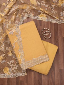 Koskii - Yellow Floral Stone Work Unstitched Kurta with Bottom and Dupatta (Set of 3)