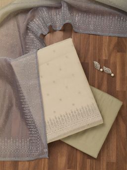 Koskii - Cream Stone Work Unstitched Kurta with Bottom and Dupatta (Set of 3)