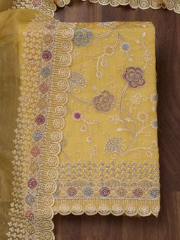 Koskii - Yellow Embroidered Stone Work Unstitched Kurta with Bottom and Dupatta (Set of 3)