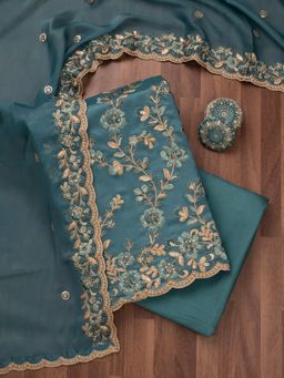 Koskii - Teal Embroidered Unstitched Kurta with Bottom and Dupatta (Set of 3)