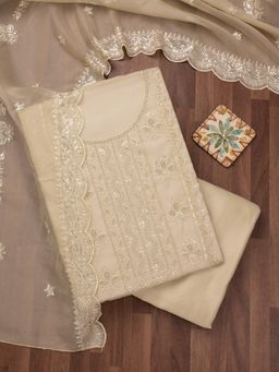Koskii - Beige Embroidered Unstitched Kurta with Bottom and Dupatta (Set of 3)