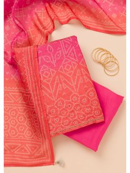 Koskii - Pink Bandhani Print Unstitched Kurta with Bottom and Dupatta (Set of 3)