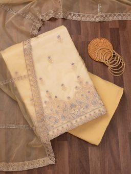Koskii - Yellow Embroidered Sequined Unstitched Kurta with Bottom and Dupatta (Set of 3)