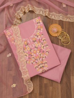 Koskii - Pink Embroidered Unstitched Kurta with Bottom and Dupatta (Set of 3)