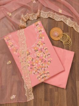 Koskii - Peach Embroidered Unstitched Kurta with Bottom and Dupatta (Set of 3)