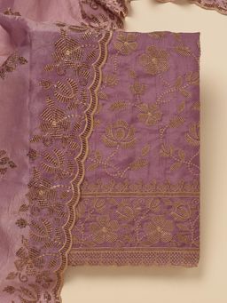 Koskii - Purple Embroidered Unstitched Kurta with Bottom and Dupatta (Set of 3)