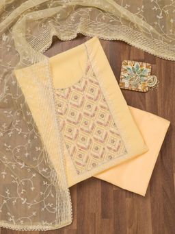 Koskii - Yellow Embroidered Unstitched Kurta with Bottom and Dupatta (Set of 3)