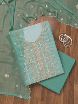 Koskii - Sea Green Embroidered Unstitched Kurta with Bottom and Dupatta (Set of 3)