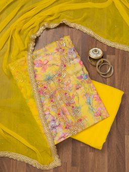 Koskii - Yellow Floral Stone Work Unstitched Kurta with Bottom and Dupatta (Set of 3)
