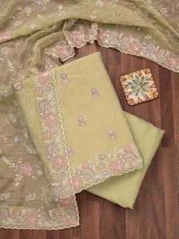 Koskii - Green Embroidered Unstitched Kurta with Bottom and Dupatta (Set of 3)