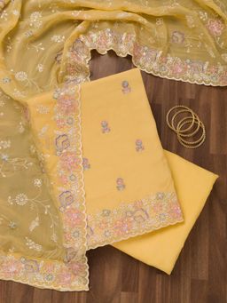 Koskii - Yellow Embroidered Unstitched Kurta with Bottom and Dupatta (Set of 3)