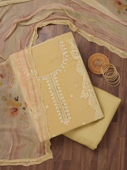 Koskii - Yellow Embroidered Unstitched Kurta with Bottom and Dupatta (Set of 3)