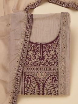 Koskii - Beige Embroidered Unstitched Kurta with Bottom and Dupatta (Set of 3)