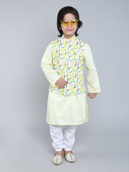 Little Clothings - Lemon Yellow Bird Print Jacket with Kurta and Churidar