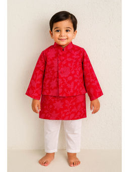 Tiny Pants - Boys Red Printed Cotton Kurta with Pyjama and Jacket