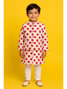 Tiny Pants - Boys White & Red Floral Printed Kurta with Pyjama and Jacket