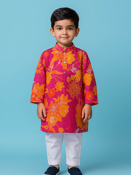 Tiny Pants - Boys Pink Floral Printed Cotton Kurta with Pyjama