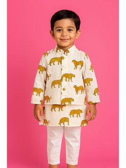 Tiny Pants - Boys Hand Block Printed Cotton Kurta with Pyjama and Jacket