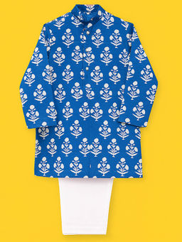 Tiny Pants - Boys Blue Hand Block Printed Kurta with Pyjama and Jacket