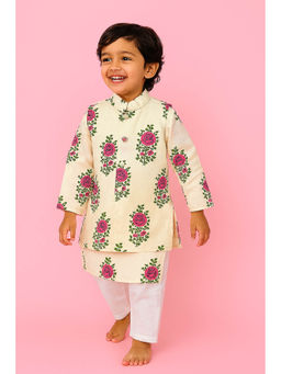 Tiny Pants - Boys Cream Hand Block Printed Kurta with Pyjama and Jacket