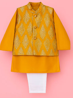 Tiny Pants - Boys Mustard Golden Zari Georgette Kurta with Pyjama and Jacket