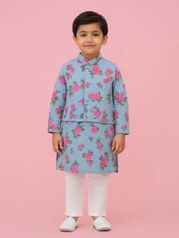 Tiny Pants - Boys Sky Blue Floral Cotton Rayon Kurta with Pyjama and Jacket