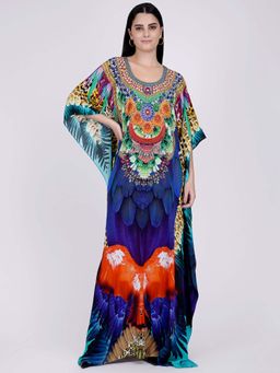 First Resort by Ramola Bachchan - Yellow And Blue Tribal Embellished Silk Full Length Kaftan