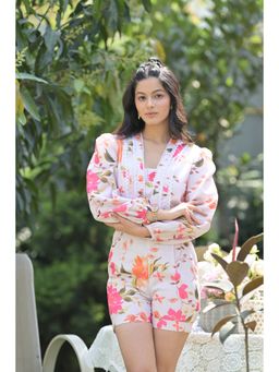 Ombrello - White Floral Linen Playsuit