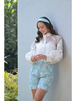 Ombrello - White Embroidered Organza Shirt with Shorts (Set of 2)