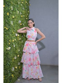 Ombrello - Multi-Colour Printed Organza Layered Skirt with Crop Top (Set of 2)