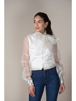Ombrello - White Embroidered Organza Shirt with Bow