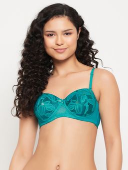 Clovia - Lace Solid Padded Full Cup Underwired Balconette Bra - Blue