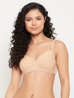 Clovia - Polyamide Solid Padded Full Cup Wire Free T-shirt Bra - Beige
